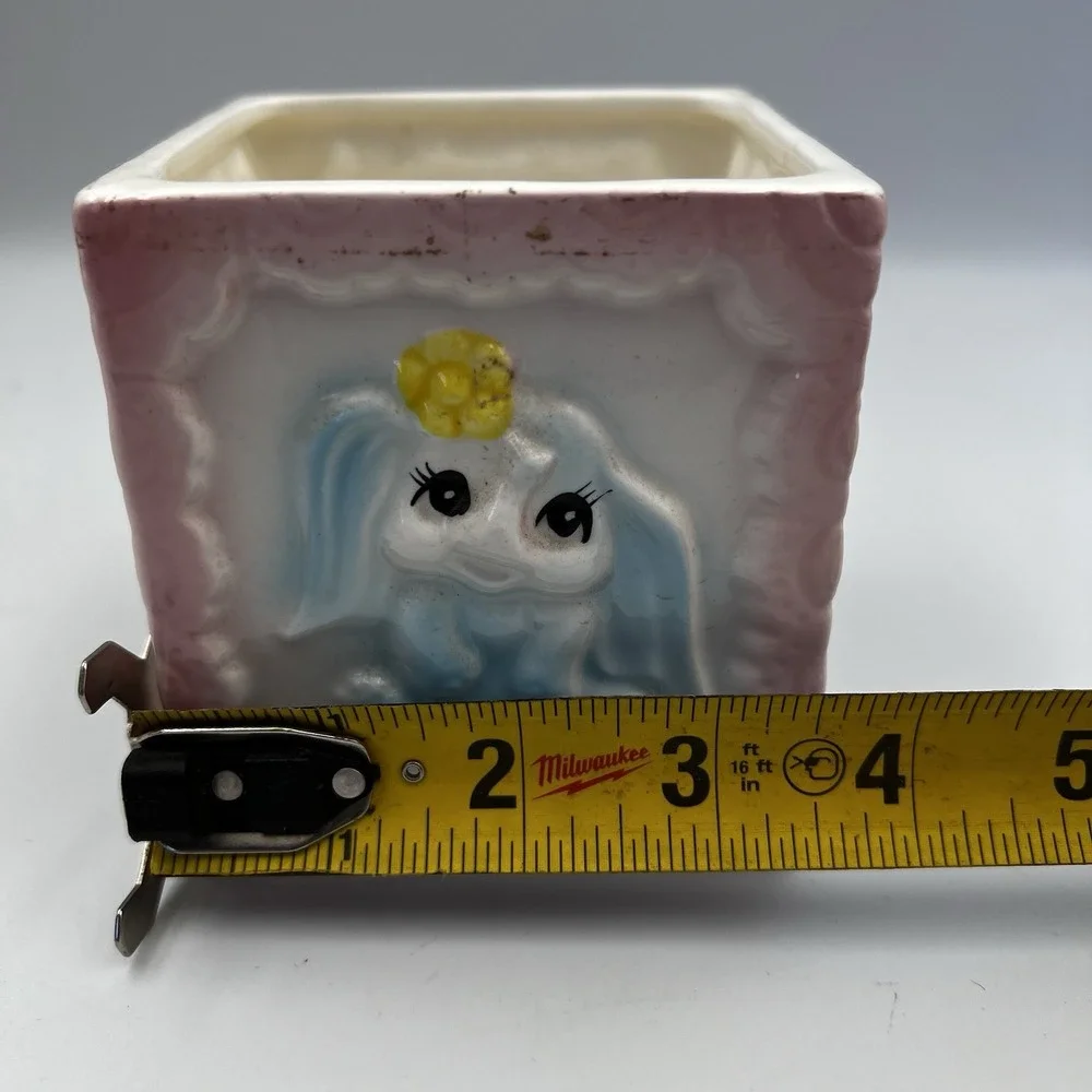 Vintage MCM Pastel Pink Baby Block Nursery Bear Bunny Lamb Planter Ceramic Japan